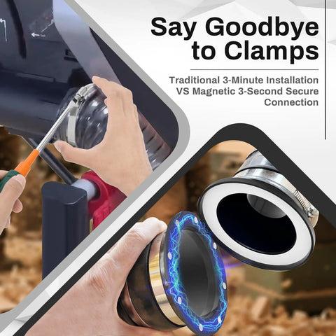 Comparison of traditional clamps vs Four Inch Magnetic Dust Collection Fittings 7 Pack Quick Connect Hose Adapters for easy use.