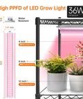 Beast 5 Tier Indoor Plant Stand With Grow Lights showing light specs and potted plants on shelves