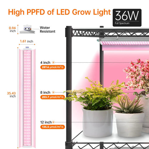 Beast 5 Tier Indoor Plant Stand With Grow Lights showing light specs and potted plants on shelves