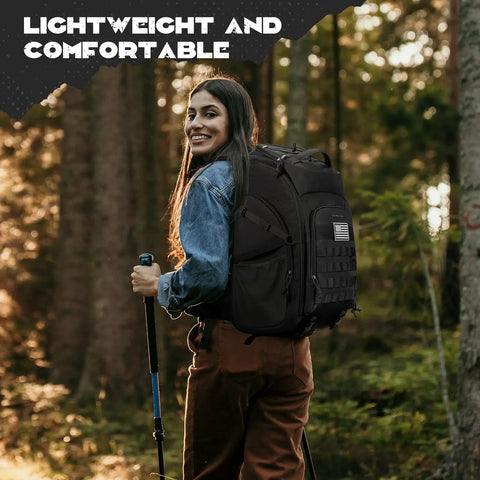 Woman hiking with tactical backpack for men 40L water resistant with molle system for hiking camping and gym in forest