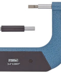 Blade Micrometer Outside Gauge With 3 To 4 Inch Range For Narrow Groove Diameters On Shafts And Recessed Features, Precise 0.0001 Inch Vernier Readout And Accurate Blade Spindle Anvil, displayed with blue frame and measurement scale