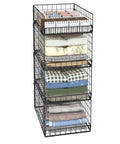 4 Tier Closet Organizers And Storage Shelves For Clothes, stackable metal wire bins with drawers for RV closets, filled with linens