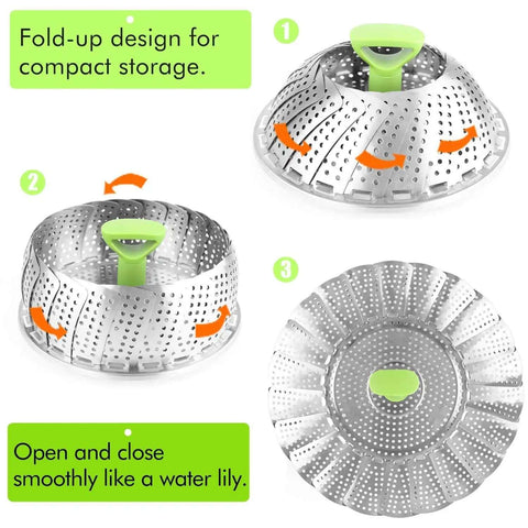 Vegetable Steamer Basket For Cooking Stainless Steel Folding Expandable Steaming Insert With Extendable Handle Fits Pots 5.1 To 9 Inches