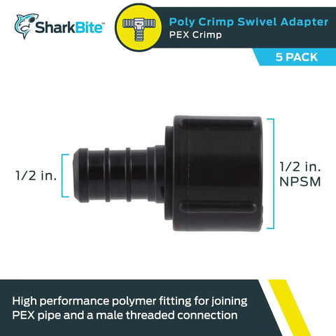 Half Inch FNPT Poly Crimp Swivel Elbow Adapter Pack Of Five For PEX And PE RT Pipes No Fuss Quick Connect Plumbing Fittings For Potable Water And Radiant Heating, 1/2 in NPSM