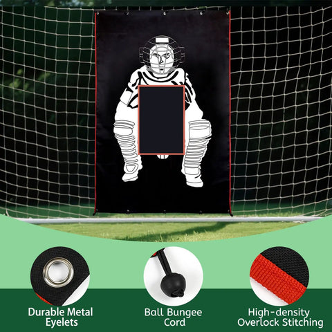 6x8 Feet Baseball And Softball Backstop With Strike Zone Black Vinyl Batting Cage Backdrop And Net Saver Durable Facility Backstops For Outdoor Pitching; close-up with durable metal eyelets, ball bungee cord, and high-density overlock stitching details.