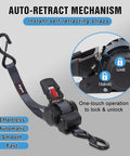 Retractable Ratchet Straps 12Ft Auto Rewind Cargo Tie Down with lock and unlock mechanism, shown in close-up with auto-retract feature.