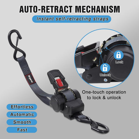 Retractable Ratchet Straps 12Ft Auto Rewind Cargo Tie Down with lock and unlock mechanism, shown in close-up with auto-retract feature.