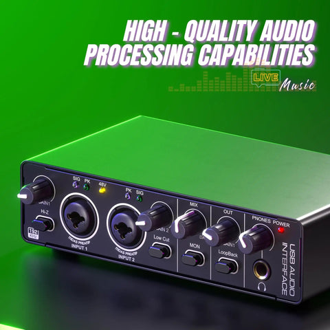 Two Channel USB Audio Interface For PC Mac And Laptop, 24Bit 192kHz Recording, audio device with knobs and dials