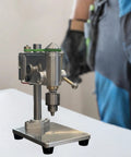 Compact Mini Drill Press For Benchtop Use Portable Clamp Holder Perfect For Jewelry Making And Small Repairs With Universal Chuck Support, silver metal design.