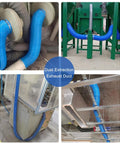 Heavy Duty Flexible Blue Duct Hose Providing Hella Smooth Airflow And Kickass Puncture Resistance For Dryer Vent HVAC Dust Extraction Systems Carbon Wire Spring Reinforced Flame Retardant in various installation angles.