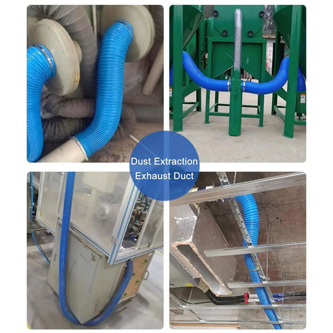 Heavy Duty Flexible Blue Duct Hose Providing Hella Smooth Airflow And Kickass Puncture Resistance For Dryer Vent HVAC Dust Extraction Systems Carbon Wire Spring Reinforced Flame Retardant in various installation angles.