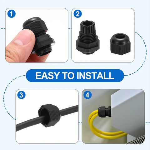 Step-by-step installation of Six Pack PG19 Cable Glands 12-15mm Thread Waterproof Adjustable Cable Connectors for machine panels.