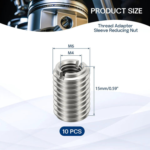 HiPicco stainless steel thread adapter sleeve reducing nut set, 10 pcs, M6x1 male to M4x0.7 female, 15 mm length