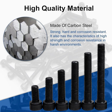 2Pcs Heavy Duty M16 X 120Mm Hex Socket Head Cap Screws Bolts, 12.9 Grade Carbon Steel Allen Drive Fasteners With Full Thread And Black Oxide Coating displayed in various sizes.
