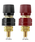 Beefy One Quarter Inch Remote Battery Terminal Stud Pair Featuring Pure Copper Build And Bakelite Shielding For High Amp Draws and Zero Hassle Wiring Up Your Engine Bay Or Hot Rod Build Today - black and red terminals.