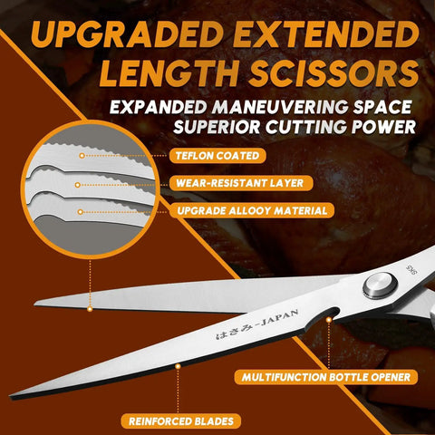 Beefy Heavy Duty Kitchen Shears Two Pack With 7 Inch Extended Blade For Poultry Thick Cardboard And More Durable Japanese Steel Scissors For Serious Kitchen Pros, close-up with blade details