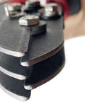 Close-up of five blade metal sheet crimping tool in steel with ergonomic nonslip handle for gutter and pipe systems.