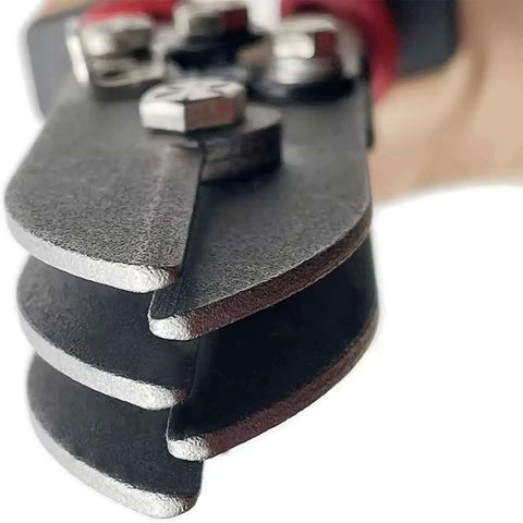 Close-up of five blade metal sheet crimping tool in steel with ergonomic nonslip handle for gutter and pipe systems.