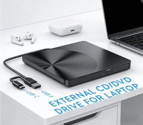 External CD DVD Drive With USB 3.0 And USB C Plug And Play No Drivers Needed CD Burner RW DVD Writer Portable Optical Drive For Laptop And Desktop PCs Works With Windows 11 10 8 7 MacBook Mac OS And Linux, black slim USB-C and USB-A