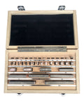 Heavy Duty 38 Piece Hss Tool Steel Gauge Block Set Ranging From 1 To 100Mm With Insanely Precise 0 0001Mm Calibration Rating For Router And Table Saw Tools in wooden box, displayed open.
