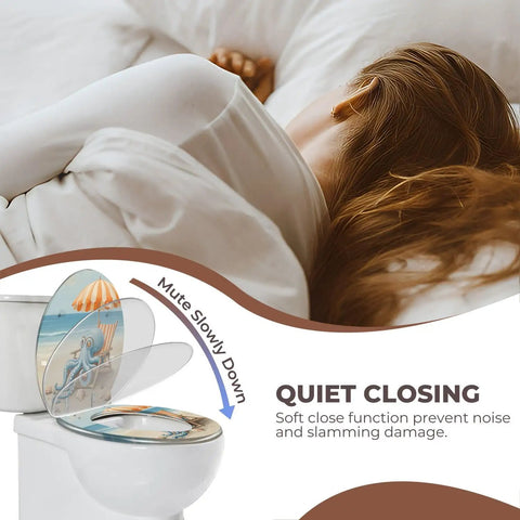 Toilet Seat Round Resin for Bathroom with beach design, showing quiet close feature and compatibility with various toilets.