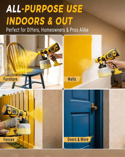 Heavy Duty Electric Paint Sprayer Built For Swift Home Exterior Touch Ups And Deck Refinishing With Generous Tank And Crisp Even Spray Coverage in action on furniture, walls, fences, and doors.