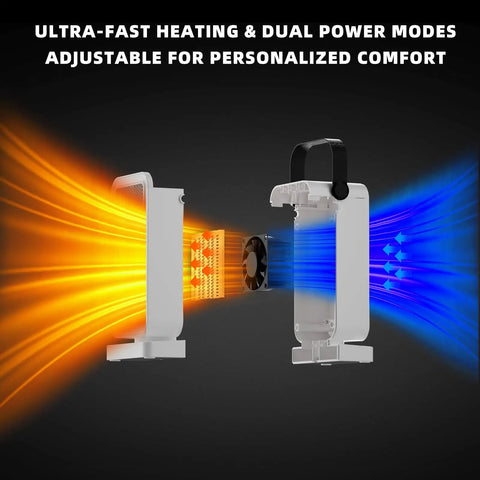 Fast 2 Second Warmth Ceramic Space Heater For Indoor Use, showing dual power modes and airflow direction.