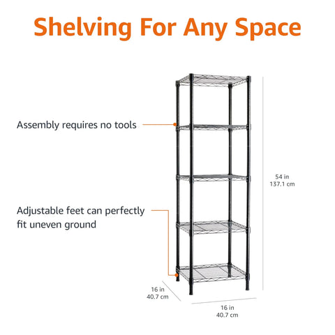 Heavy Duty Five Shelf Tower Adjustable Storage Rack For Tight Squeezes And Garages Rustproof Steel Organizer With Sturdy Levelers Solid Home Utility Shelf