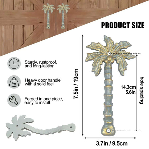 Heavy Duty Coconut Tree Shaped Barn Door Handles 7.5 Inch Cast Iron Pulls, close-up of rustic antique metal handle dimensions and features