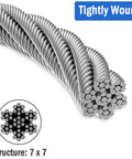 Close-up of 1/8 Inch Stainless Steel Cable 200 Feet T316 Aircraft Wire Rope, 7x7 Construction, showing tightly wound design.
