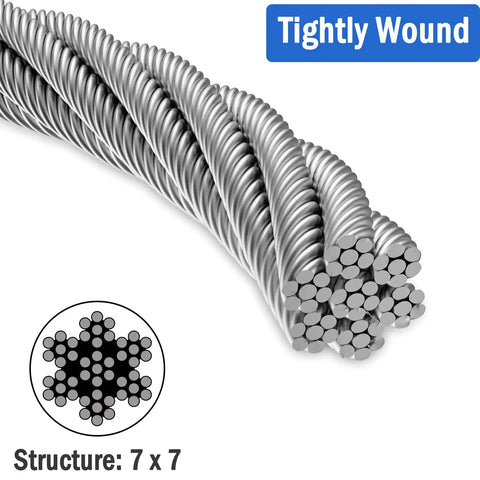 Close-up of 1/8 Inch Stainless Steel Cable 200 Feet T316 Aircraft Wire Rope, 7x7 Construction, showing tightly wound design.