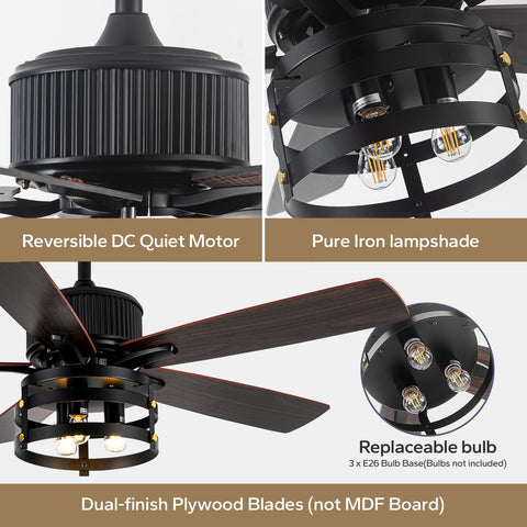 Dope Rustic Farmhouse Ceiling Fan With Lights Retractable 36 Inch Black Industrial Cage showing motor and replaceable bulb details.