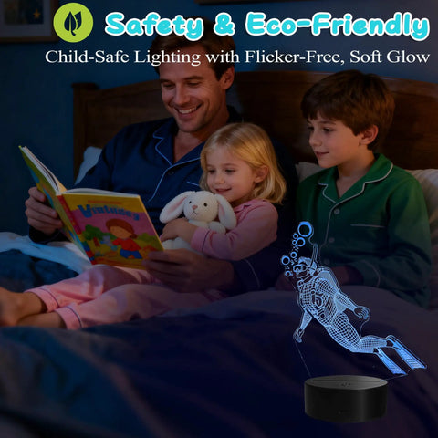 Family reading in bed with Scuba Night Light 3D Illusion Lamp With Remote 16 RGB Colors 4 Flash Modes Dimmable And Timer