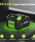 WORKPRO 20V Li‑ion battery pack, 4.0Ah, black with green accents, front view