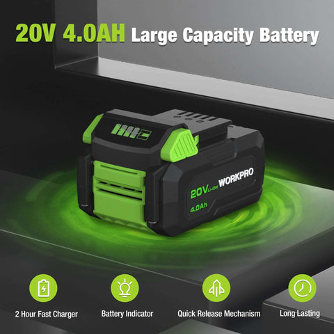 WORKPRO 20V Li‑ion battery pack, 4.0Ah, black with green accents, front view