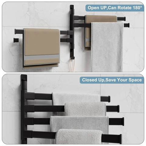Swivel Wall Mounted Towel Rack With Four Rotating Arms Black Rustproof Towel Bar For Bathroom 180 Degree Rotation Thirteen Inch Towel Holder