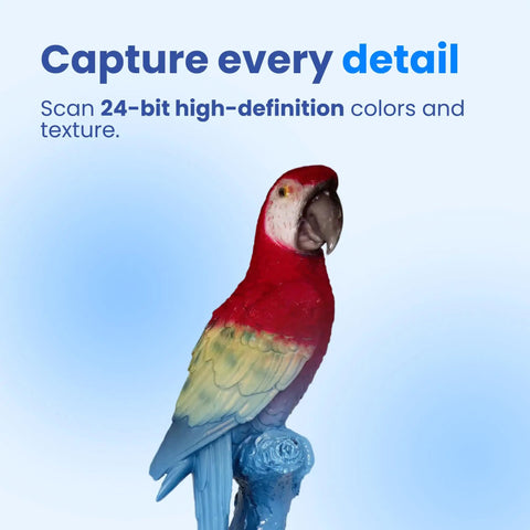Handheld 3D Scanner With Blue Laser Infrared And VCSEL Structured Light For 0.04mm Accuracy And 70FPS Fast Scanning Made For Makers And Pros In 3D Printing Reverse Engineering Car Restoration Design And Education scanning colorful parrot model