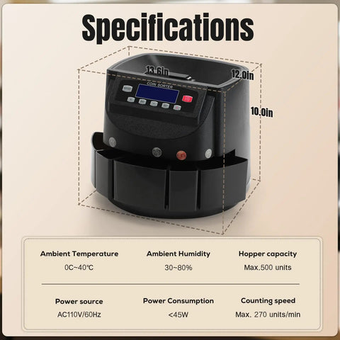 Automatic Coin Counter And Sorter With LCD Display That Rolls Through 270 Coins Per Minute, 300 Coin Capacity specifications