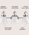 Three Light LED Vanity Light With Adjustable Wall Sconce In White Nickel Finish For Bathroom Mirror Farmhouse Bohemian Kitchen Look Iron Black Bell Shade Energy Efficient Bulbs Included showcasing dimmer compatibility, dry/damp location suitability, and easy assembly.