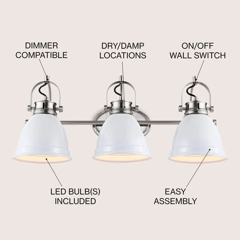 Three Light LED Vanity Light With Adjustable Wall Sconce In White Nickel Finish For Bathroom Mirror Farmhouse Bohemian Kitchen Look Iron Black Bell Shade Energy Efficient Bulbs Included showcasing dimmer compatibility, dry/damp location suitability, and easy assembly.