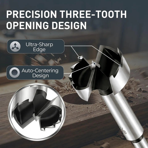 Knockout Forstner Bit Set Featuring Eight Heavy Duty Wood Drill Bits with precision three-tooth design for flat bottom holes.