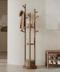 Solid Wood Rotary Coat Rack With 3 Shelves And 9 Hooks Freestanding Coat Tree For Bedroom Entryway And Living Room Space Saving Rotating Stand For Coats Scarves And Handbags Walnut Finish, displayed with items