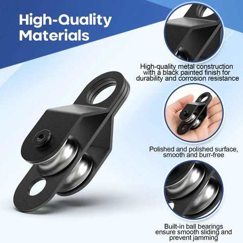 2 Pack Black Pulley Block System Ready To Rig With 4 Double Pulleys, 16 Ft One Quarter Inch Nylon Rope, 4 M6 Spring Hooks, And 2 M6 Eye Pad Plates For Gate Replacement, Farm Use, Garage Lift, And Heavy Duty Rigging black metal pulley with dual wheels and ball bearings