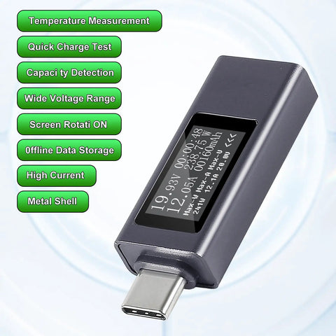 Type C Power Meter USB C Tester With LCD Display Digital Multimeter showing voltage and current on screen