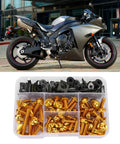 Universal Motorcycle Fairing Bolt Kit With M5 And M6 Aluminum Bolts Washers And Speed Clips All In One Replacement Hardware Set For Most Sportbikes Gold Finish Beefy Corrosion Resistant Fasteners With Easy Install displayed with a sportbike.