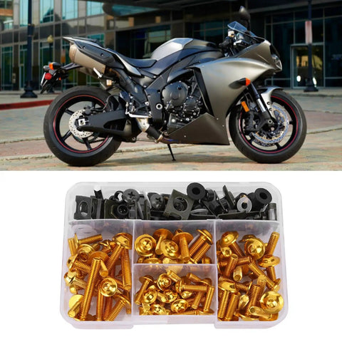Universal Motorcycle Fairing Bolt Kit With M5 And M6 Aluminum Bolts Washers And Speed Clips All In One Replacement Hardware Set For Most Sportbikes Gold Finish Beefy Corrosion Resistant Fasteners With Easy Install displayed with a sportbike.