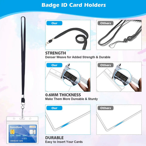 Clear Plastic Horizontal Name Tag Card Holders 30 Pack Paired With 30 Black Flat Neck Lanyards With Swivel Hook ID Badges