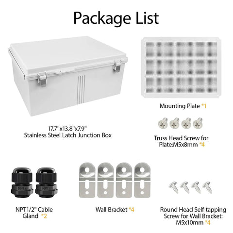 IP67 Waterproof Electrical Junction Box With Hinged Cover And Stainless Steel Latch Durable ABS Plastic Enclosure package items