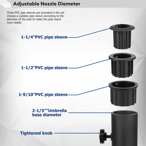 Diagram showing PVC pipe sleeves and adjustable nozzle for Universal Granite Umbrella Stand Tube For Outdoor Use Stainless Steel Base