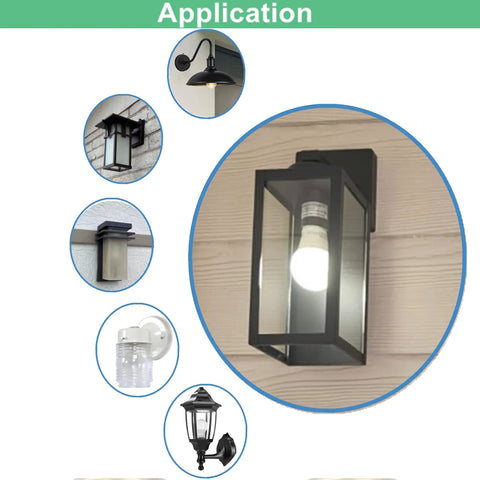 4 Pack Dusk To Dawn LED Bulbs 75W Equivalent 1100 Lumens 5000K Daylight installed in various outdoor fixtures